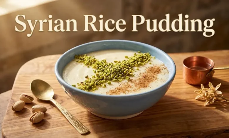 Traditional Syrian rice pudding (Ruz bi-Haleeb) in a Damascene ceramic bowl topped with Aleppo pistachios and cinnamon.