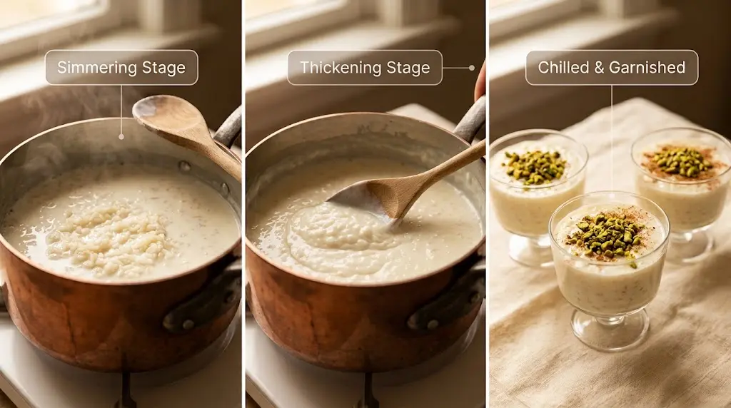 Three stages of preparing traditional Syrian rice pudding: simmering, thickening, and chilling with pistachio garnish.