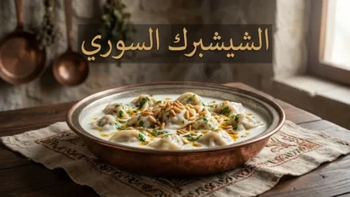طبق الشيشبرك السوري التقليدي في قدر نحاسي دمشقي مع صلصة اللبن والثوم والكزبرة
