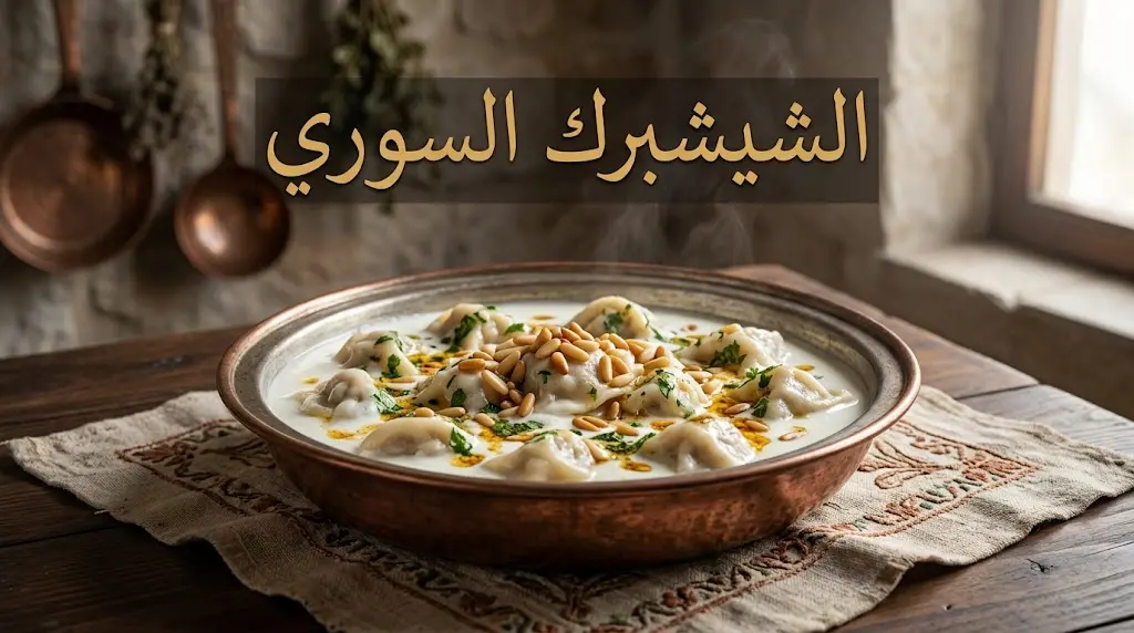 طبق الشيشبرك السوري التقليدي في قدر نحاسي دمشقي مع صلصة اللبن والثوم والكزبرة
