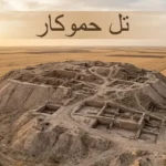منظر جوي واقعي لتل حموكار الأثري في شمال شرق سوريا عند ساعة الذهب مع ظهور خنادق التنقيب والسهول المحيطة