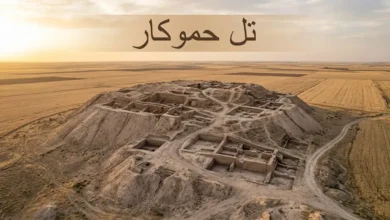منظر جوي واقعي لتل حموكار الأثري في شمال شرق سوريا عند ساعة الذهب مع ظهور خنادق التنقيب والسهول المحيطة