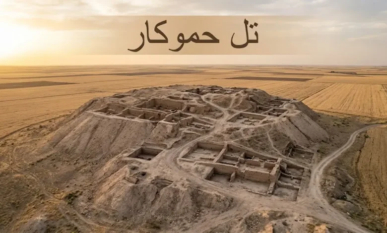 منظر جوي واقعي لتل حموكار الأثري في شمال شرق سوريا عند ساعة الذهب مع ظهور خنادق التنقيب والسهول المحيطة