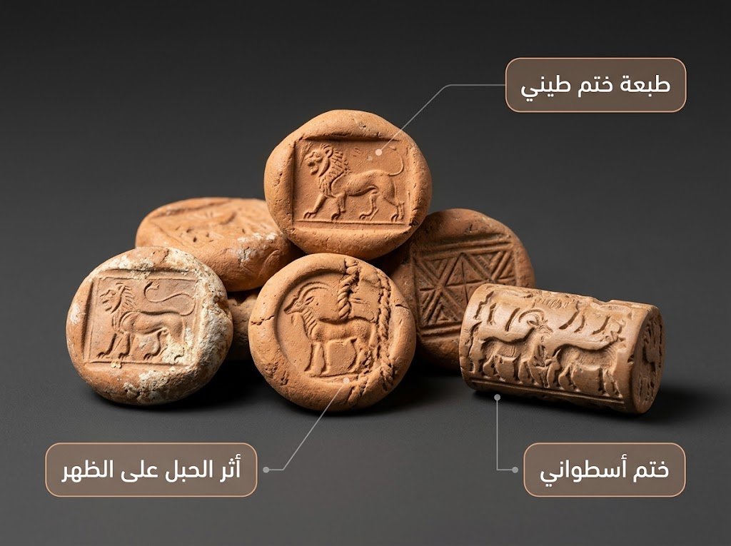 تصوير ماكرو احترافي لأختام طينية وطبعاتها من نوع ما عُثر عليه في المجمعات الإدارية لتل حموكار يُظهر نقوشاً حيوانية وآثار الحبال