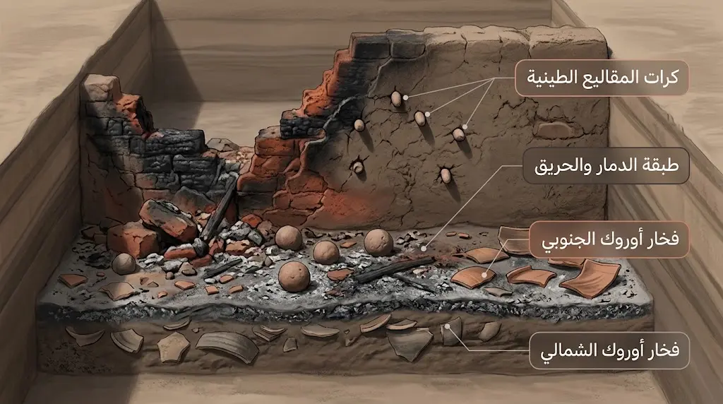 رسم توضيحي واقعي يُظهر الأدلة الأثرية على حرب 3500 ق.م في تل حموكار بما فيها كرات المقاليع المغروسة في الجدار وطبقة الدمار