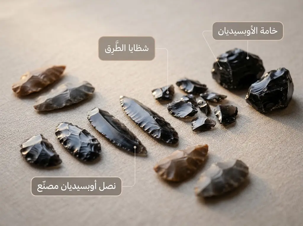 تصوير ماكرو احترافي لمراحل تصنيع أدوات الأوبسيديان من الخامة الخام إلى النصل المصقول كما عُثر عليها في ورشة الضاحية الجنوبية لتل حموكار