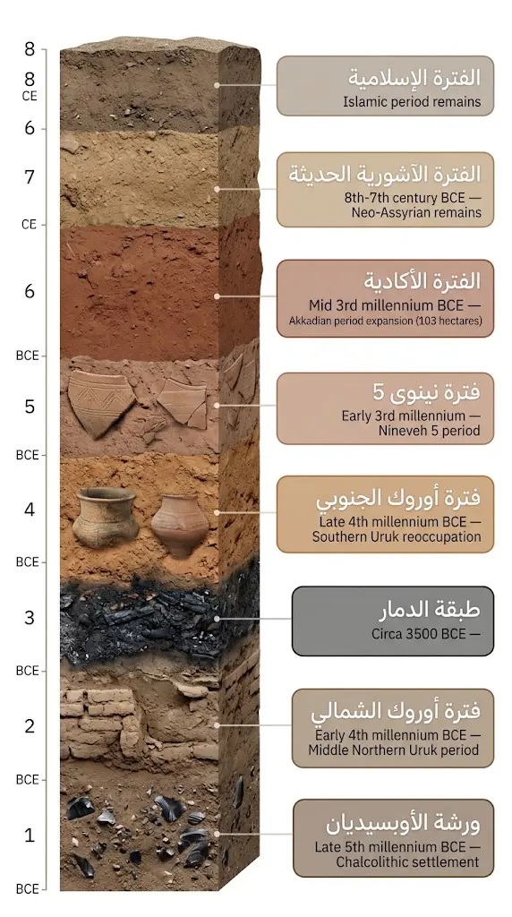 مخطط طبقي واقعي يُظهر التعاقب الحضاري في تل حموكار من العصر الحجري النحاسي وحتى الفترة الإسلامية
