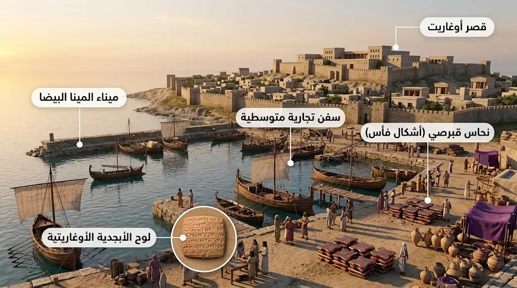 إعادة تصوير ميناء أوغاريت في العصر البرونزي المتأخر مع لوح الأبجدية المسمارية