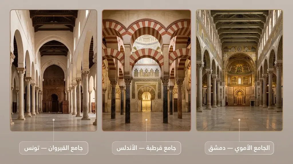 مقارنة بصرية بين الداخل المعماري للجامع الأموي بدمشق وجامع قرطبة في الأندلس وجامع القيروان في تونس توضح انتقال النموذج الأموي