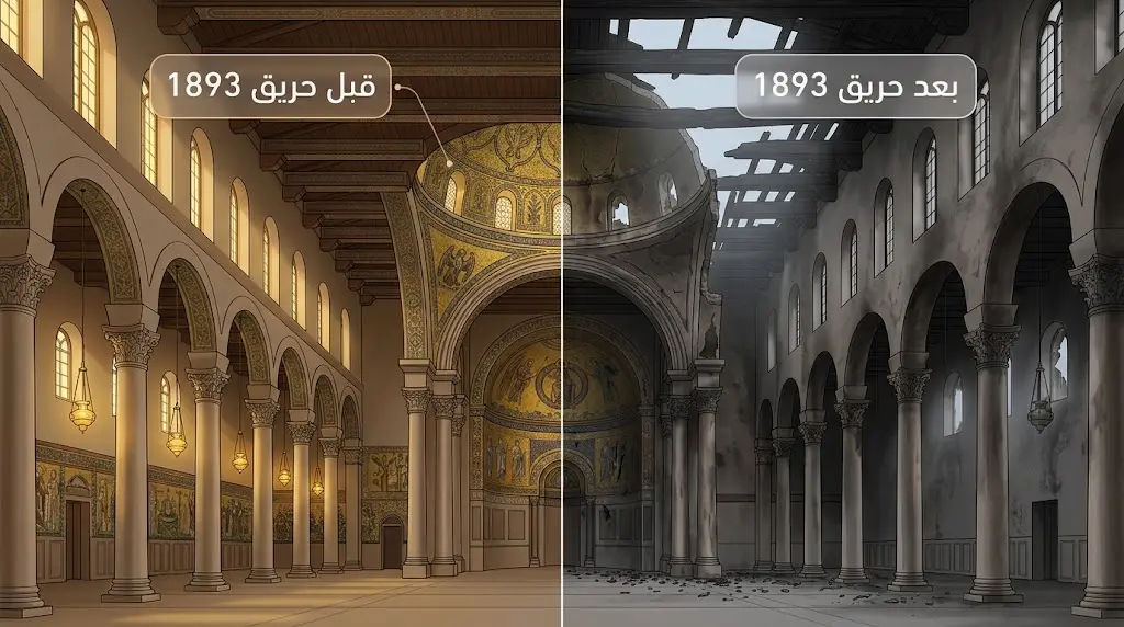 مقارنة بصرية بين حرم الجامع الأموي بدمشق قبل حريق 1893 وبعده تُظهر السقف الخشبي والقبة سليمَين ثم منهارَين ومتفحمَين