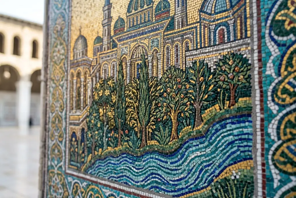 صورة مقرّبة واقعية للوحة فسيفساء أموية ذهبية في الجامع الأموي بدمشق تُظهر أشجاراً ونهراً وقصوراً مصنوعة من قطع زجاجية مذهّبة دقيقة