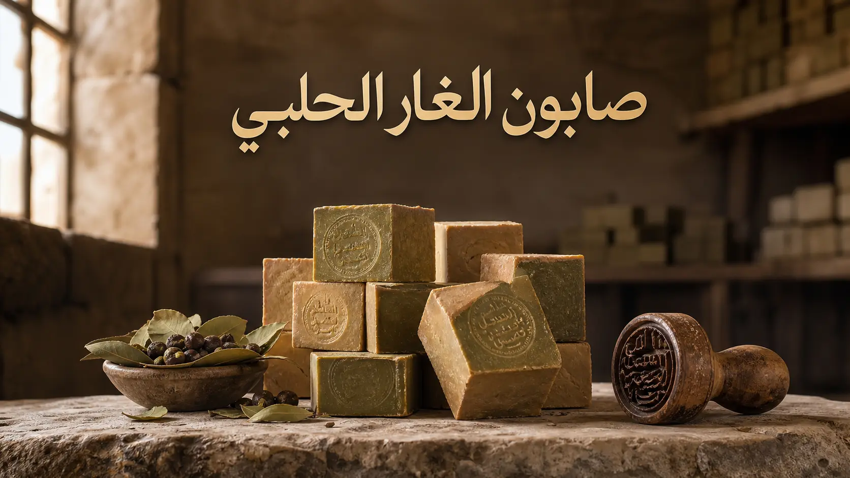مكعبات صابون الغار الحلبي التقليدي مرصوصة داخل مصبنة حلبية قديمة