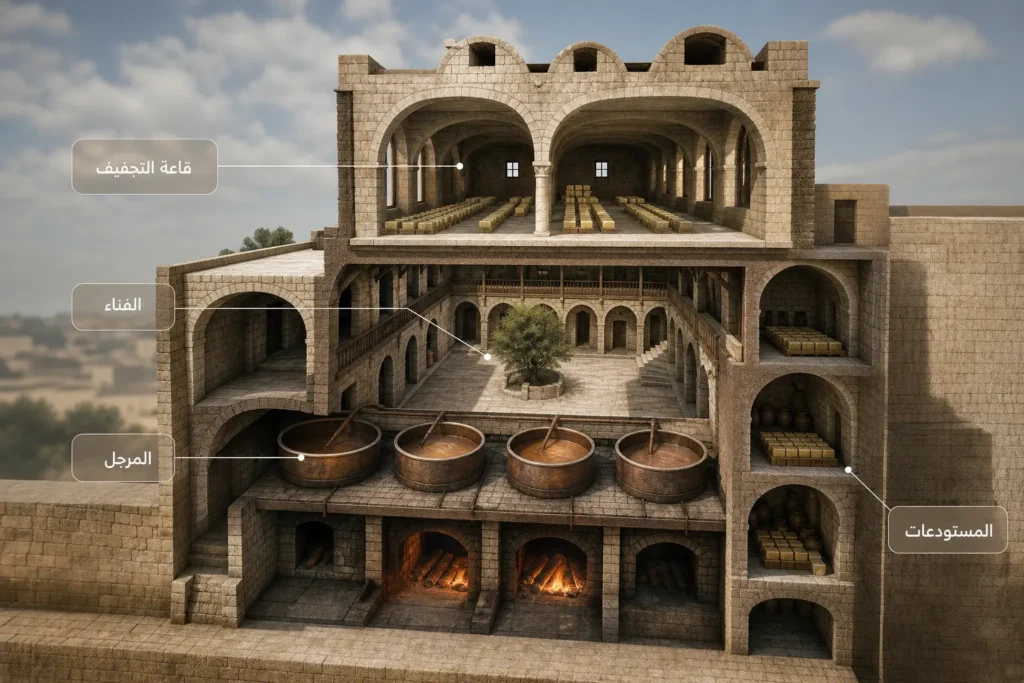 مقطع معماري توضيحي يبيّن أقسام المصبنة الحلبية التقليدية: الفناء والمرجل وقاعة التجفيف والمستودعات