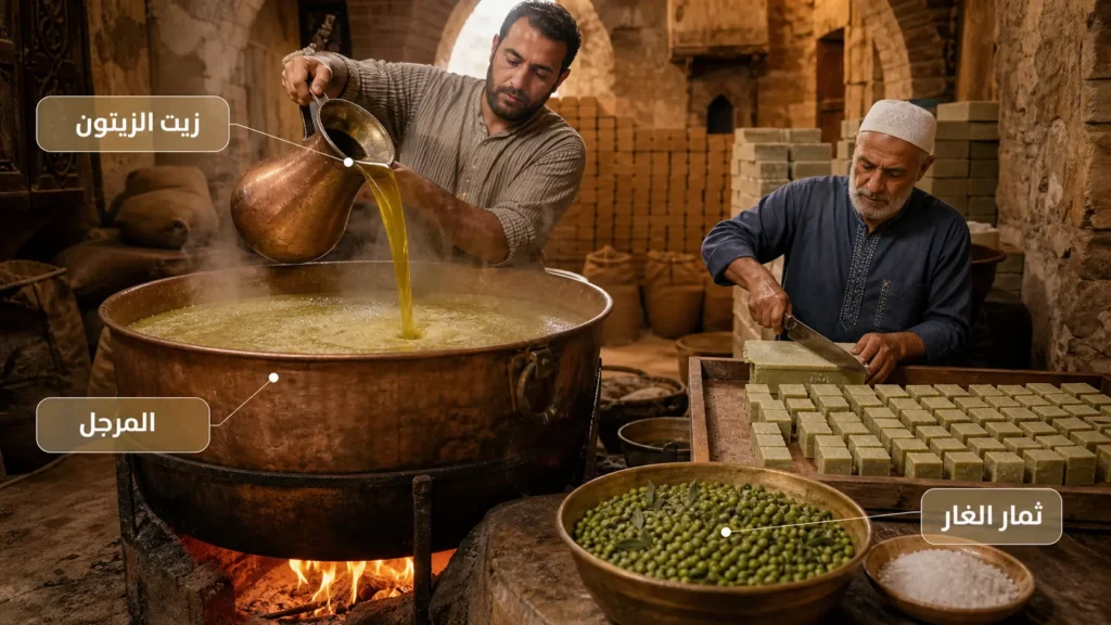 صانعان يطبخان زيت الزيتون في مرجل نحاسي ويقطعان مكعبات صابون الغار الطازجة إلى جانب ثمار الغار والملح