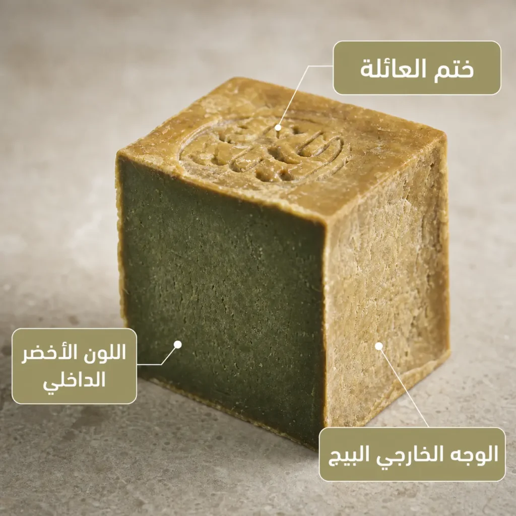 مكعب صابون غار حلبي مقطوع يُظهر الفرق بين لونه الداخلي الأخضر ووجهه الخارجي البيج وختم العائلة