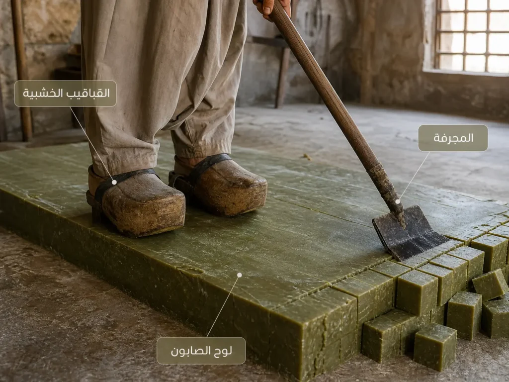 صانع يستخدم القباقيب الخشبية والمجرفة لتقطيع لوح صابون الغار الحلبي