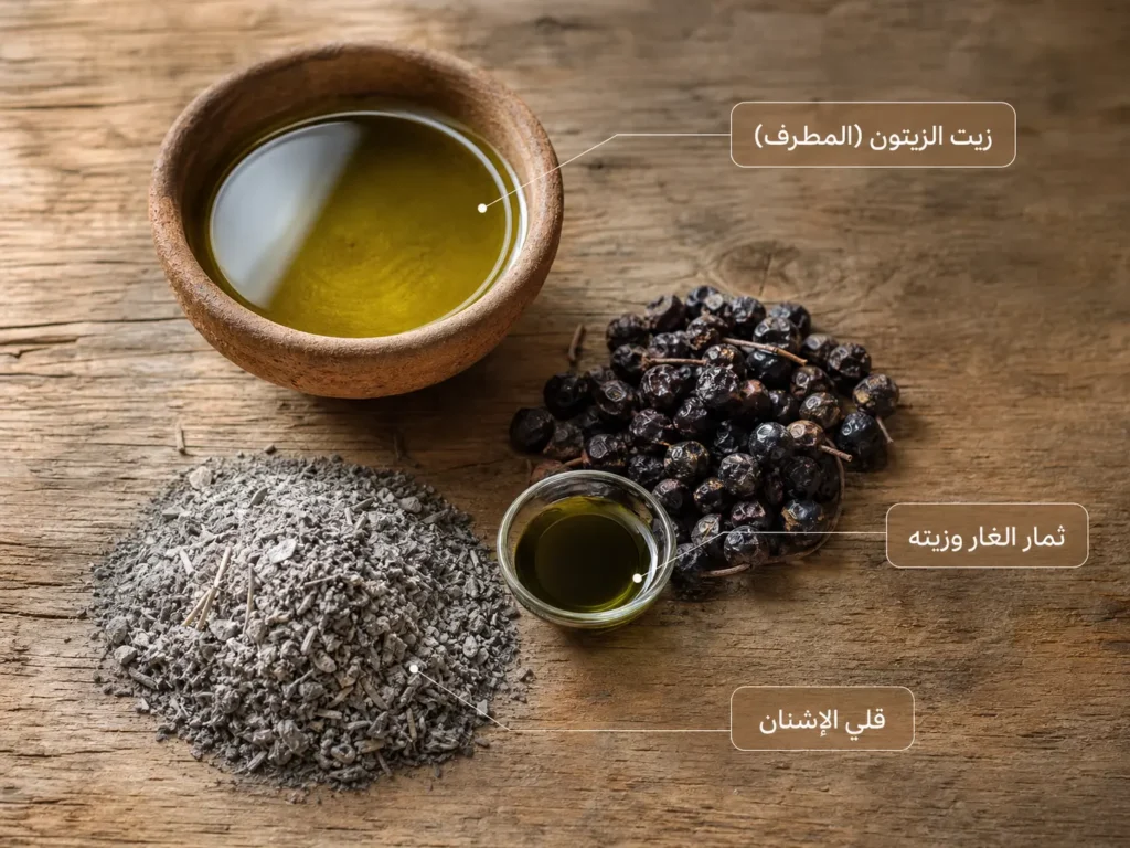 المواد الخام الثلاث الأساسية في صناعة صابون الغار الحلبي: زيت الزيتون وزيت الغار وقلي الإشنان