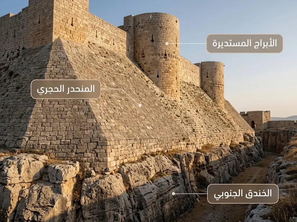  المنحدر الحجري شديد الانحدار أسفل أسوار قلعة الحصن يمنع النقب والتسلق