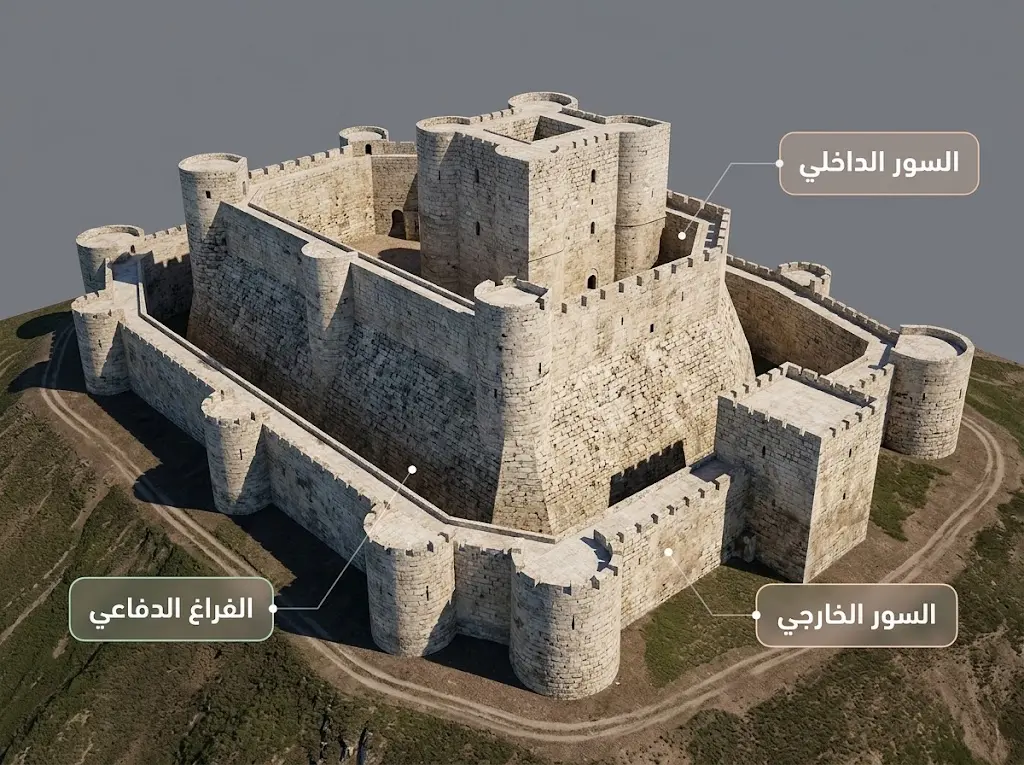 مخطط التحصين المزدوج في قلعة الحصن يوضح السور الخارجي الأدنى والسور الداخلي الأعلى