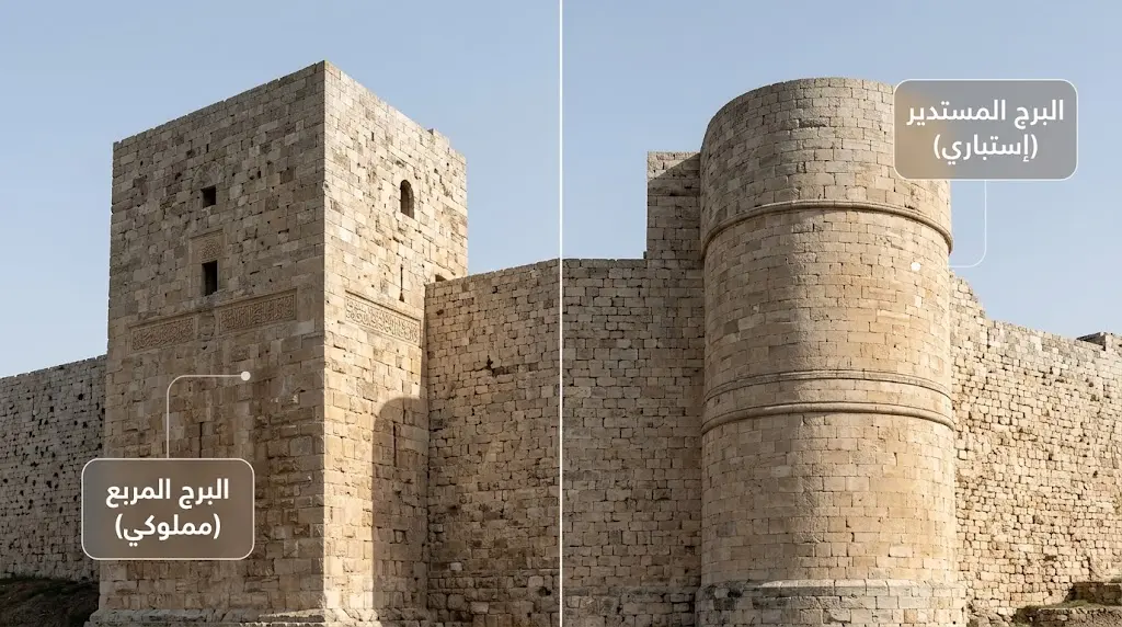 مقارنة معمارية بين برج مستدير إستباري وبرج مربع مملوكي في قلعة الحصن