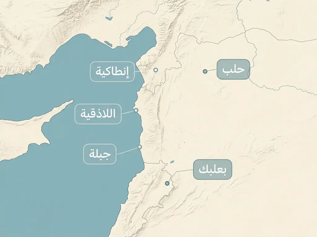 خريطة تفسيرية لمواضع بعلبك وحلب وإنطاكية واللاذقية وجبلة كما ترد في المقالة.