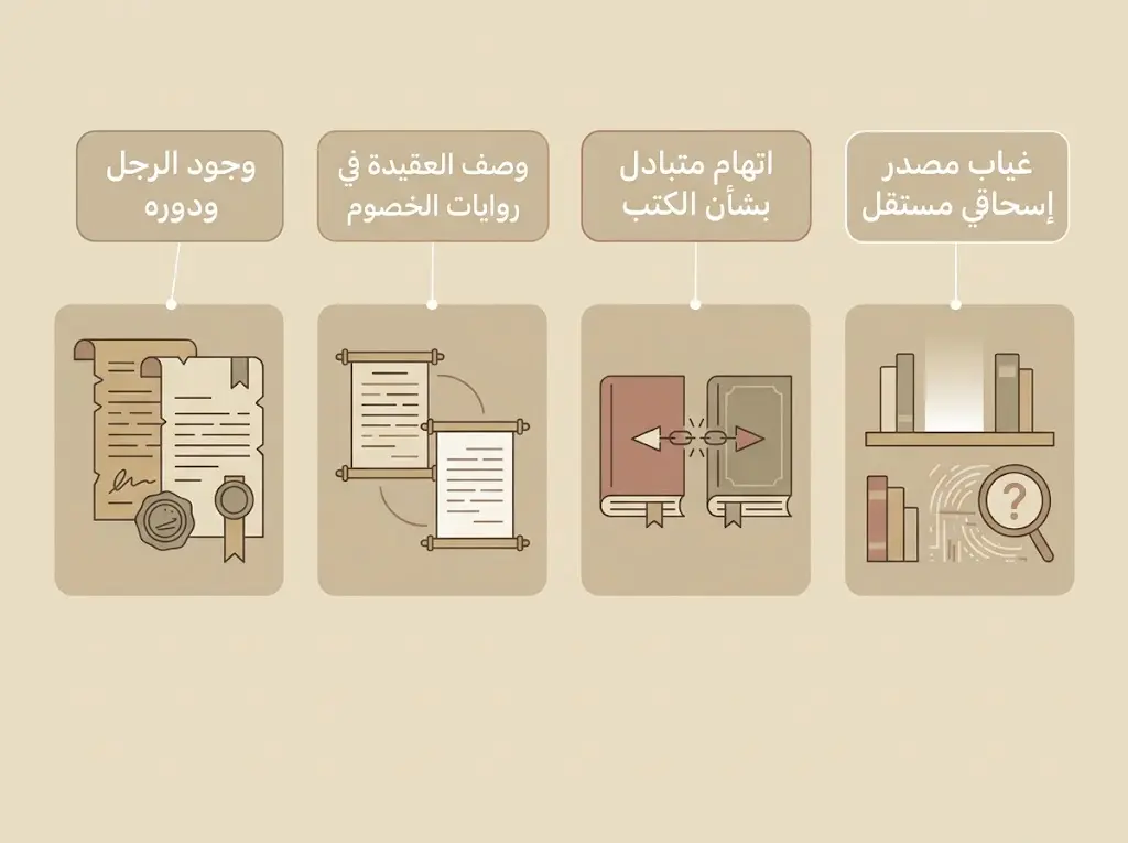 مخطط يميز بين وجود ابن خلاد ودوره وبين الروايات الجدلية عن عقيدته والكتب المنسوبة إليه أو إلى خصومه.
