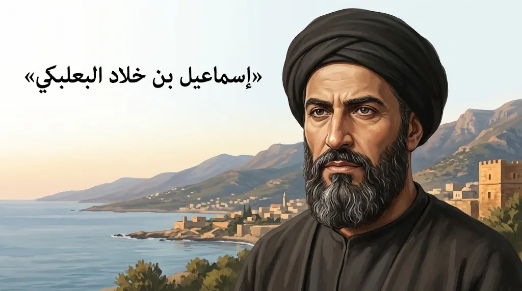 صورة تخيّلية لوجه إسماعيل بن خلاد البعلبكي زعيم الإسحاقية في مطلع القرن الخامس الهجري، بخلفية ساحل جبلة السوري — رسم تاريخي للأغراض التوضيحية لا يمثّل ملامح موثّقة.