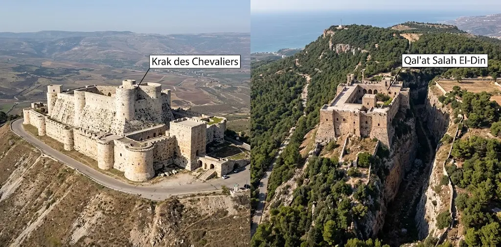 Side-by-side comparison of Krak des Chevaliers and Qal'at Salah El-Din castles in Syria