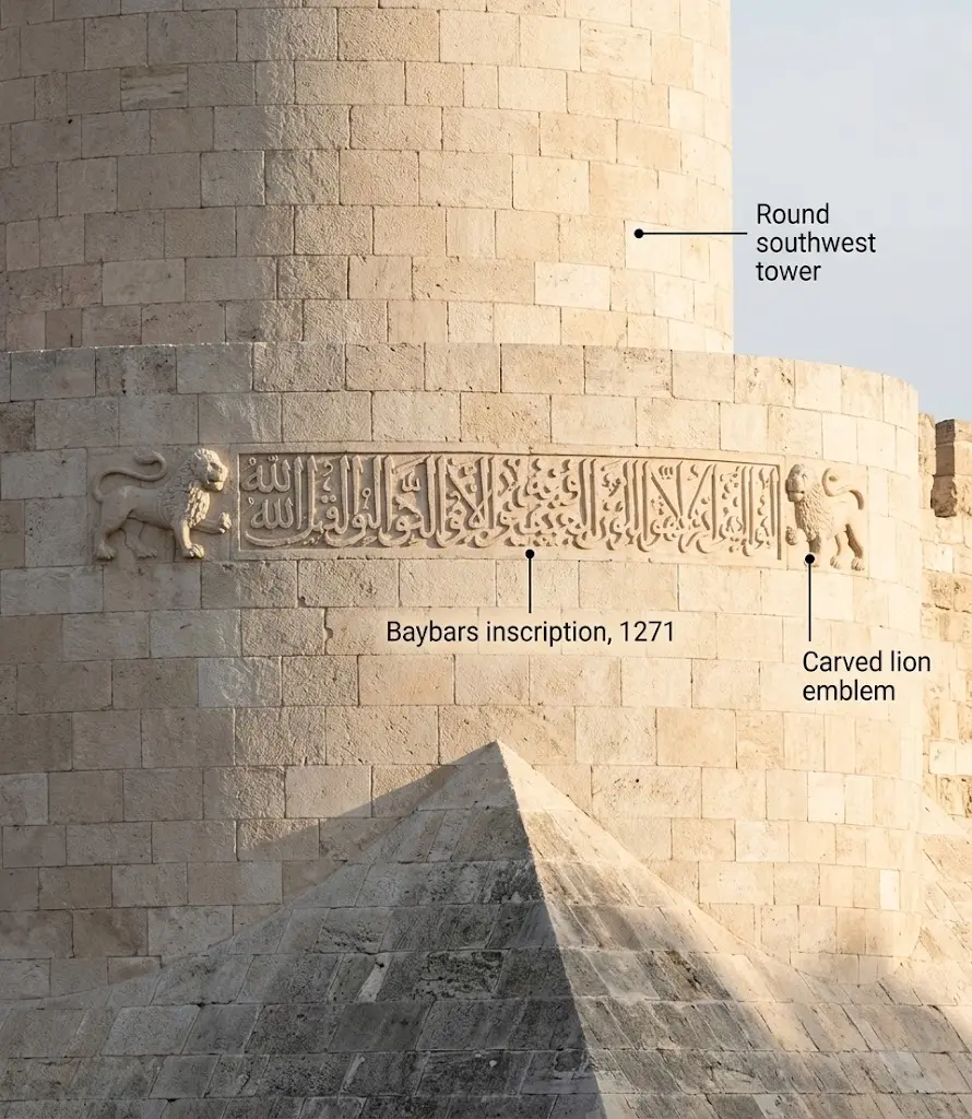 Mamluk round tower at Krak des Chevaliers with Baybars's 1271 inscription and lion carvings
