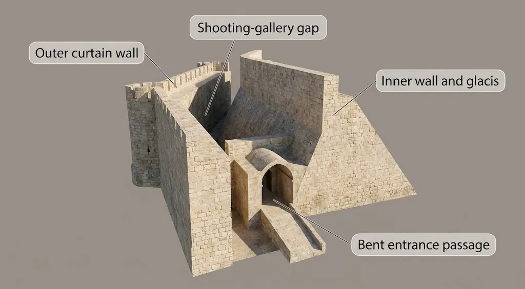 Diagram-style photograph of the double wall and glacis defense system at Krak des Chevaliers