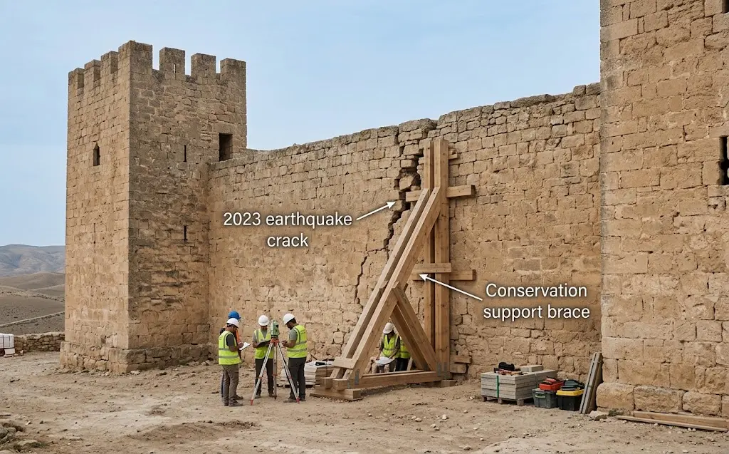 Earthquake crack and conservation stabilization work at Krak des Chevaliers