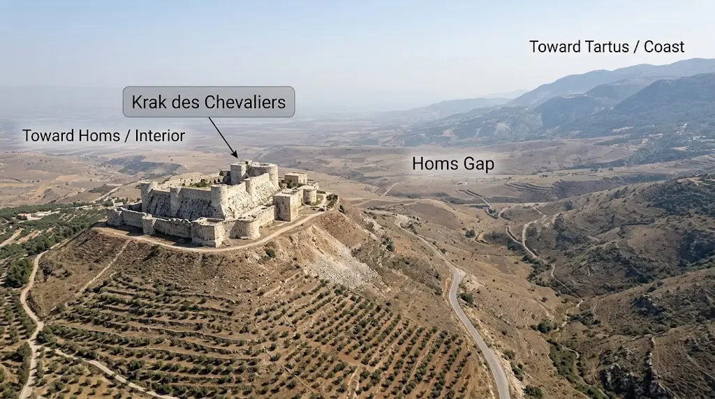 Aerial view of Krak des Chevaliers overlooking the Homs Gap corridor between the coast and the interior