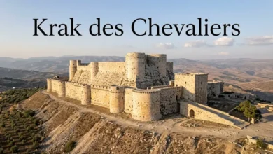Krak des Chevaliers fortress on a limestone spur above the Homs Gap in Syria