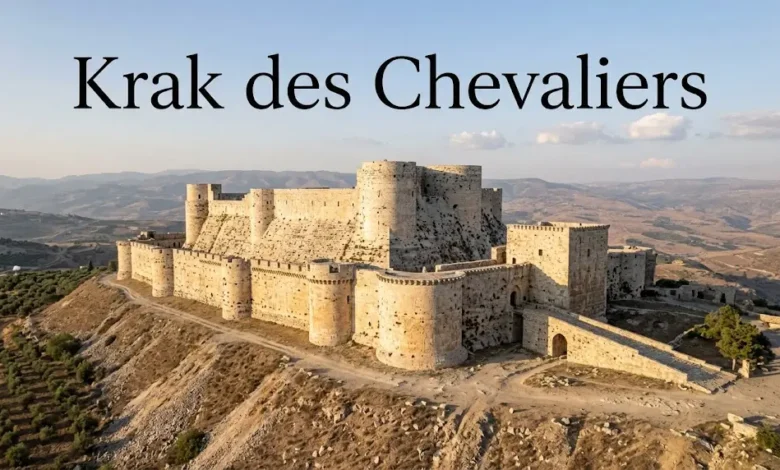 Krak des Chevaliers fortress on a limestone spur above the Homs Gap in Syria