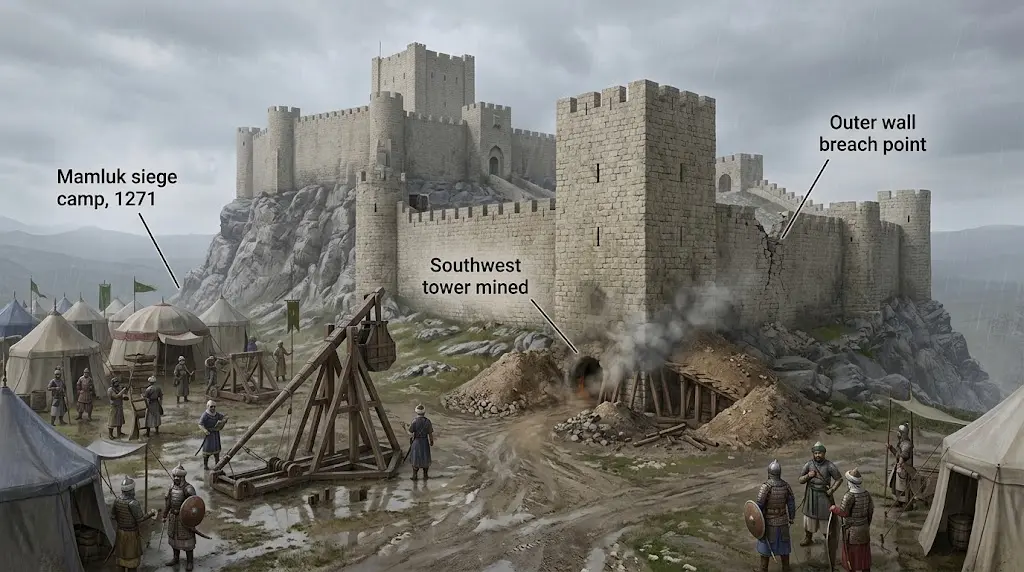 Historical illustration of the 1271 Mamluk siege of Krak des Chevaliers under Sultan Baybars