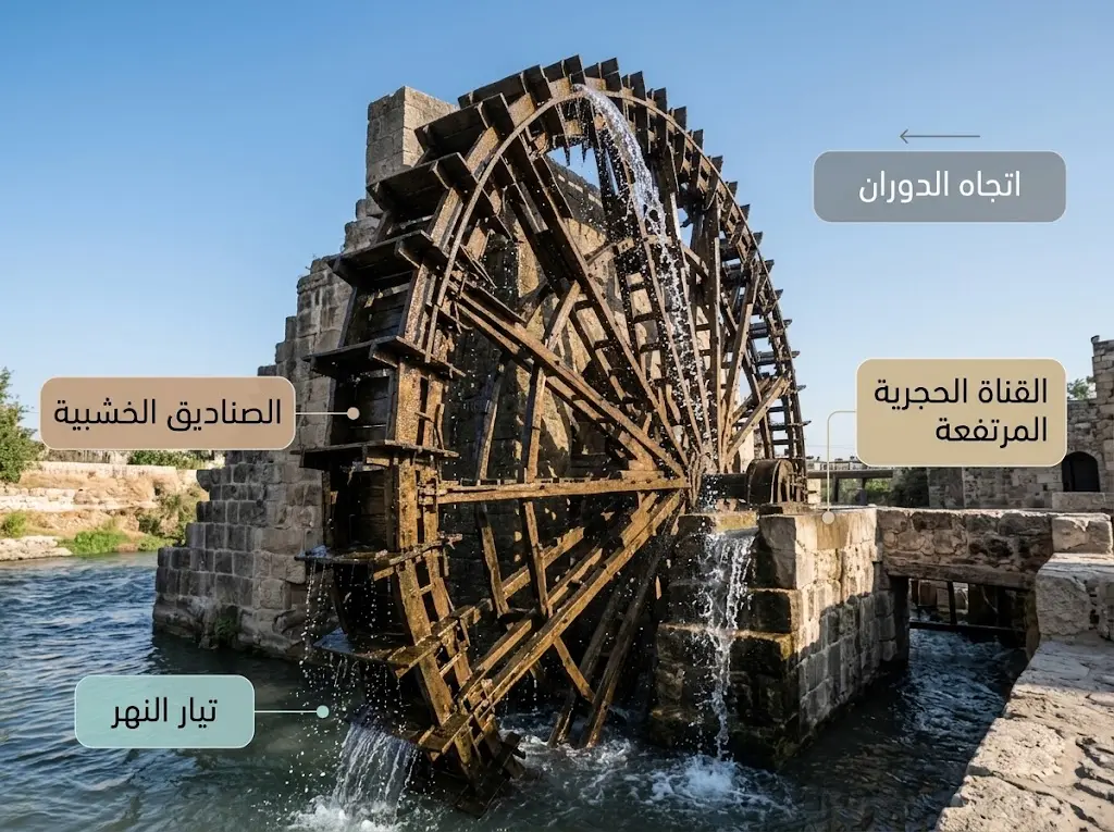 رسم توضيحي لآلية رفع الماء في ناعورة حماة بقوة تيار نهر العاصي