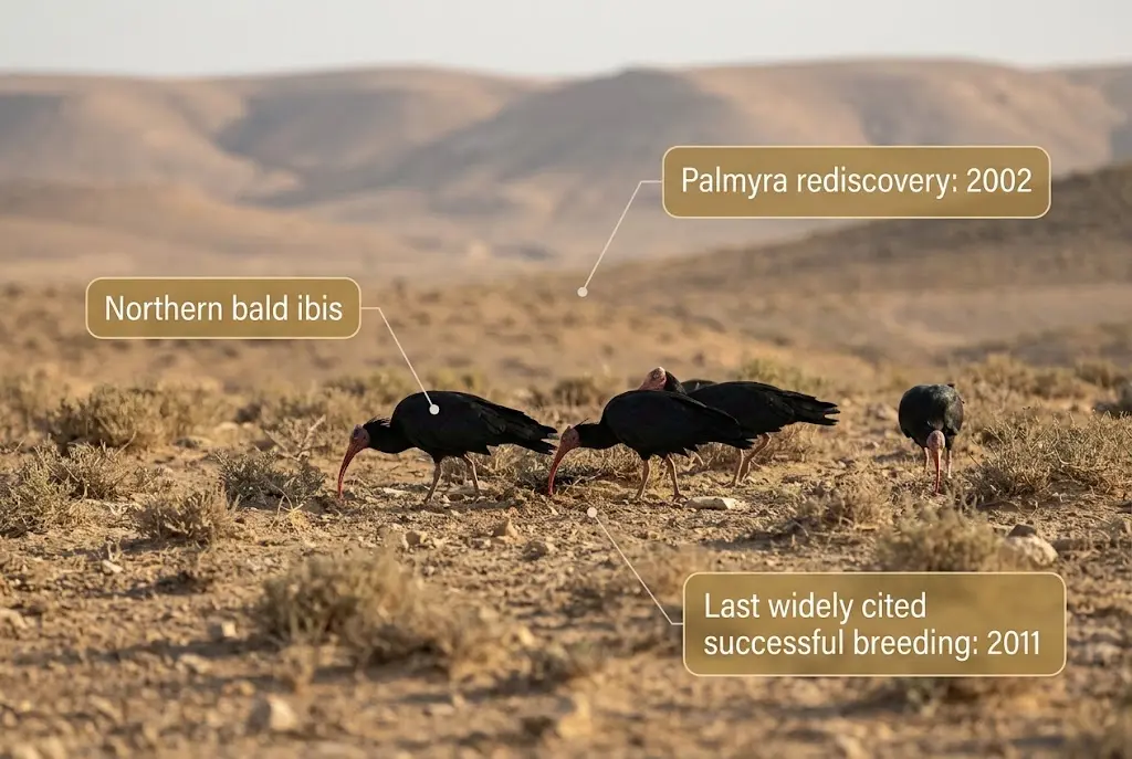 Illustrative northern bald ibis scene with dates marking the Palmyra rediscovery and last widely cited successful breeding.