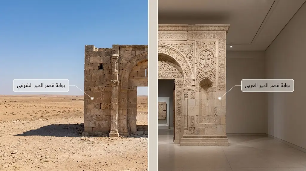 مقارنة بين بوابة قصر الحير الغربي المعروضة في متحف دمشق وبوابة قصر الحير الشرقي