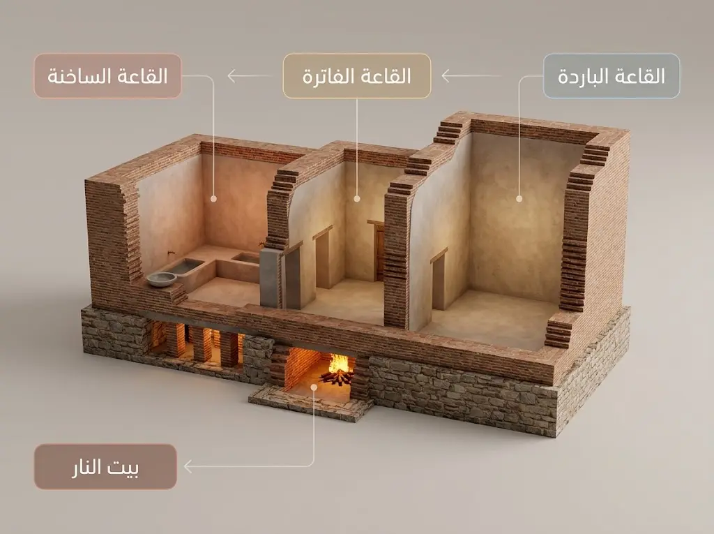 مقطع معماري يوضح تسلسل غرف حمام قصر الحير الشرقي من الباردة إلى الساخنة