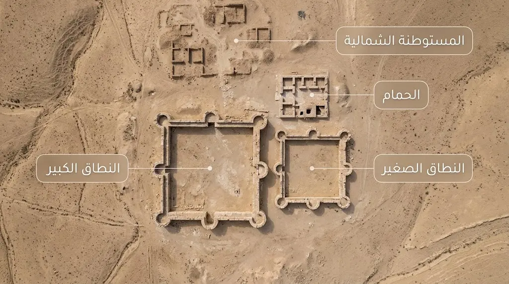 مخطط جوي يوضح النطاقين الصغير والكبير في قصر الحير الشرقي ومرافقهما