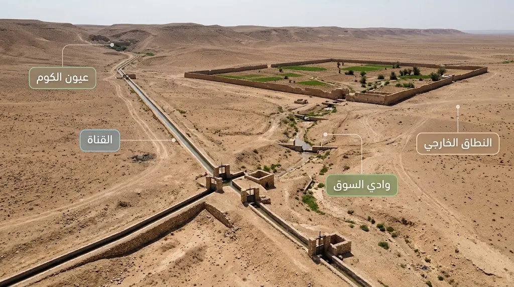 رسم توضيحي لنظام القناة والري الذي يغذي قصر الحير الشرقي من عيون الكوم ووادي السوق