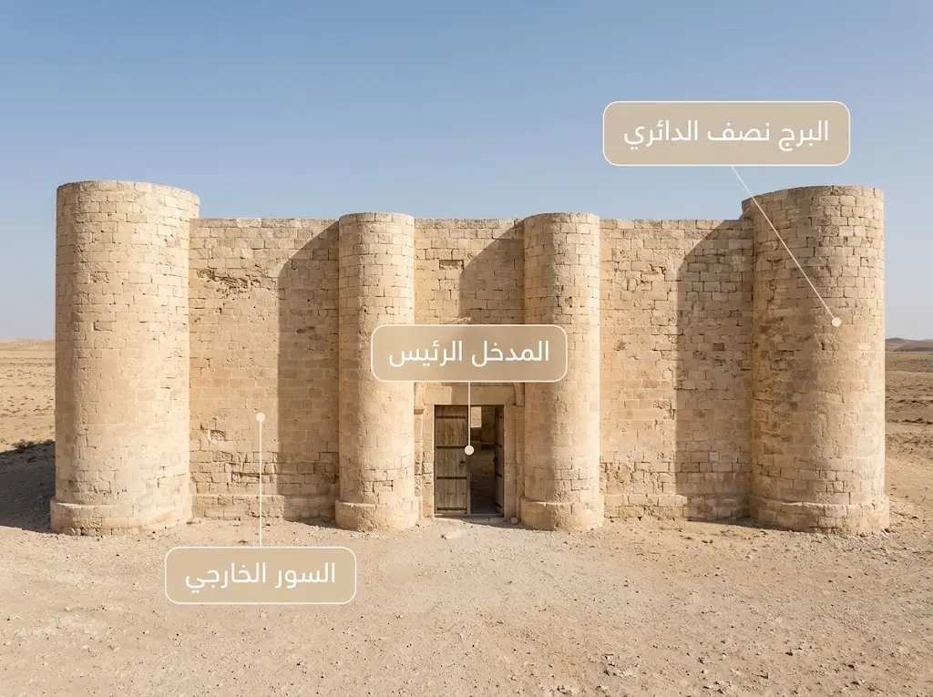 واجهة النطاق الصغير في قصر الحير الشرقي وبوابته المحاطة بالأبراج