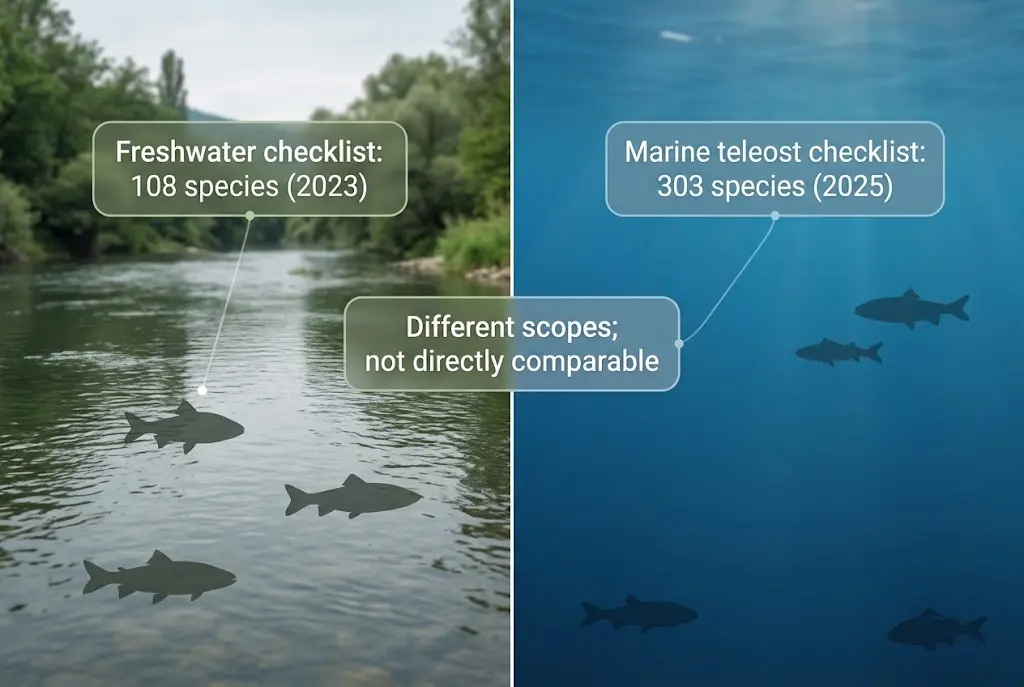 Two-panel illustration comparing the scopes of Syria’s freshwater fish and marine teleost checklists.