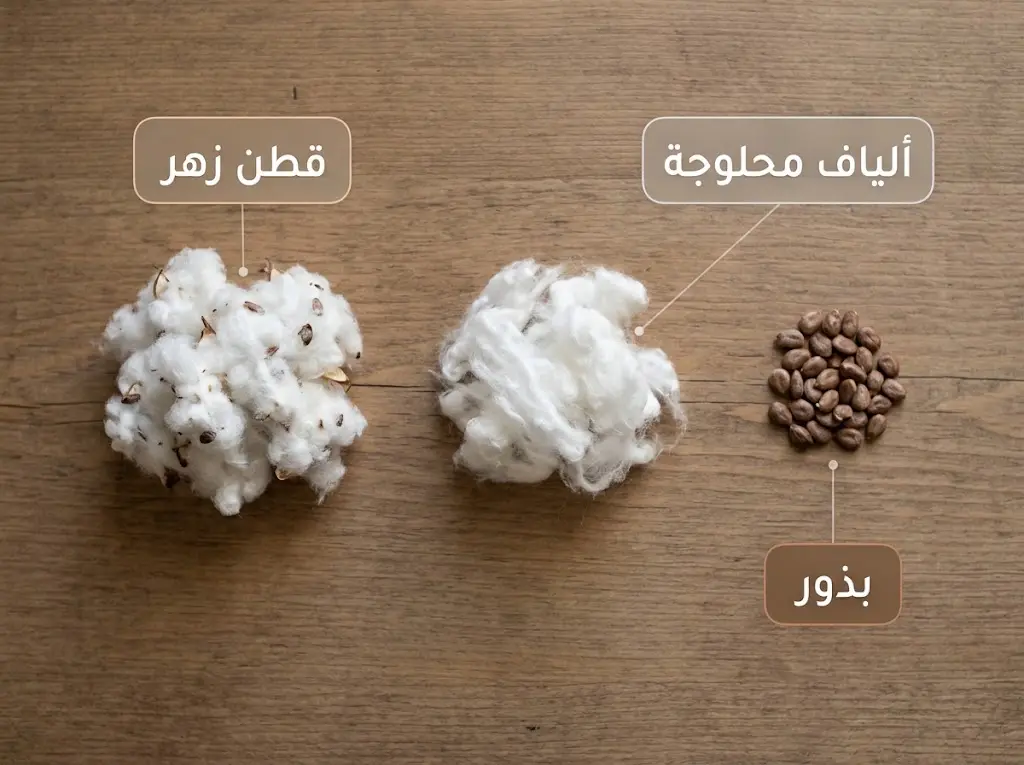 مقارنة بين القطن الزهر والألياف المحلوجة والبذور الناتجة عن الحلج