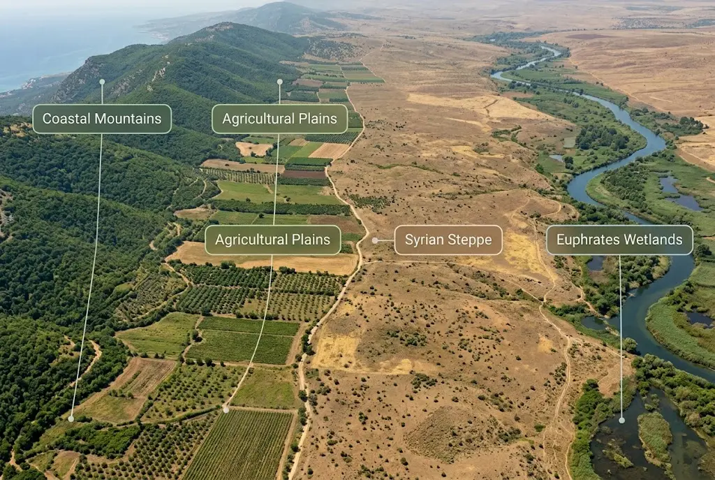 Conceptual left-to-right illustration of Syria’s coastal, agricultural, steppe and Euphrates wetland environments.