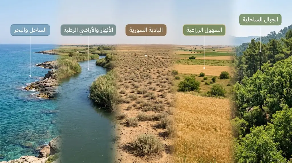 خريطة بصرية للبيئات الطبيعية الخمس في سوريا