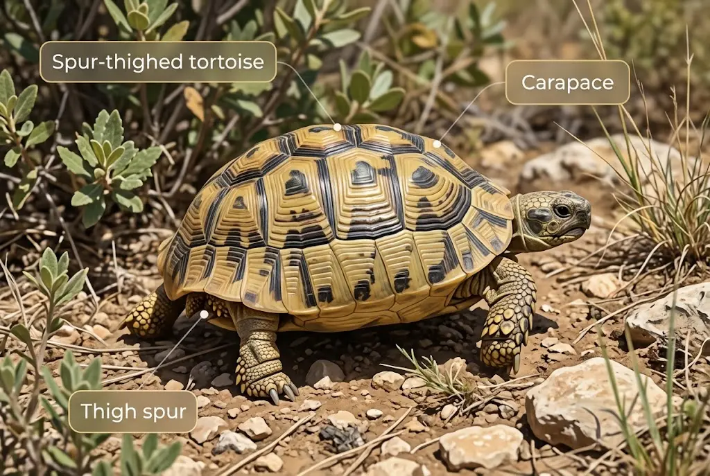 Scientific illustration of a spur-thighed tortoise with labels identifying its carapace and thigh spur.