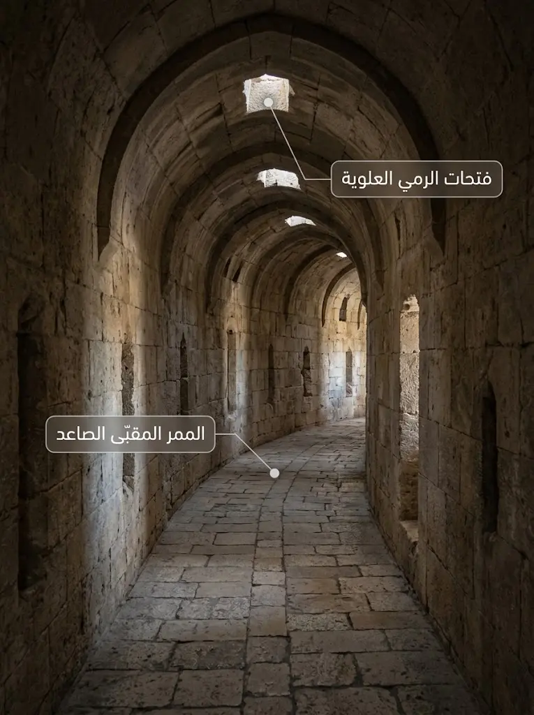 الممر المقبّى المتعرج داخل قلعة الحصن يصعد تدريجيًا بين السور الأدنى والأعلى