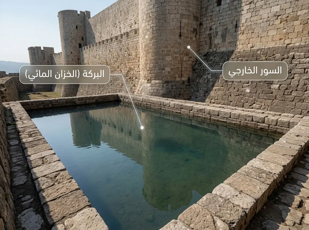 البركة المائية المفتوحة في الخندق الجنوبي لقلعة الحصن، جزء من منظومة تخزين المياه
