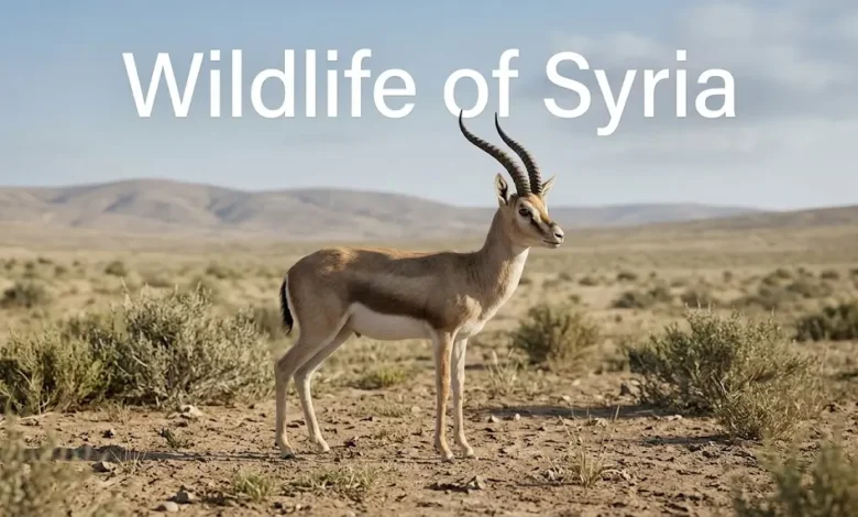 A goitered gazelle in a representative Syrian steppe landscape beneath the title “Wildlife of Syria.”